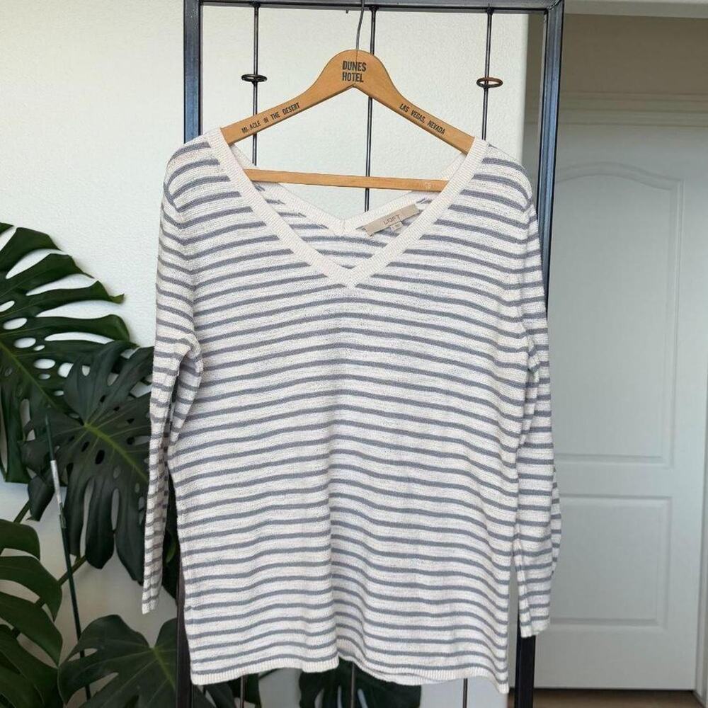 LOFT Blue & White Striped V-Neck Sweater